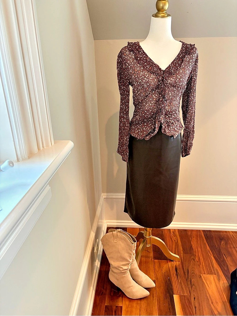 Lucky Brand Ruffle Collared Blouse Floral Brown & Red Size Medium